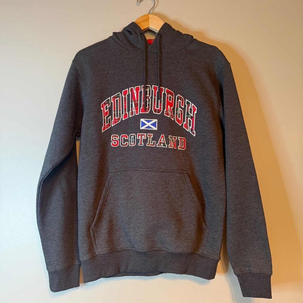 Cotton Wonders Edinburgh Scotland Hoodie Gray Tartan Plaid Embroidered Large